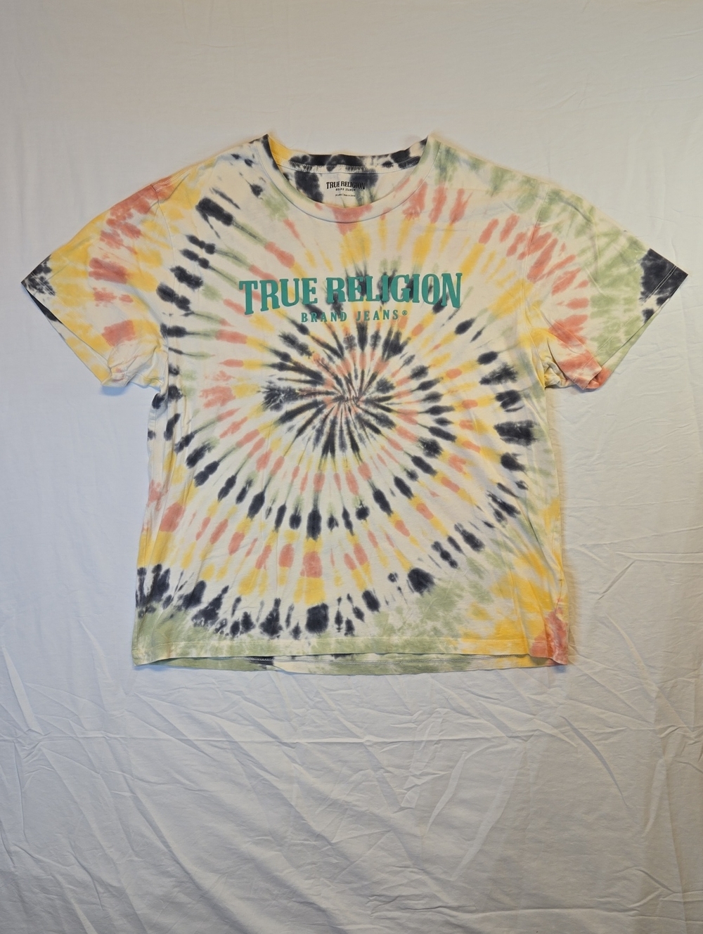 True Religion Brand Jeans City Spiral Tie-Dye Shirt with Teal Spellout Logo